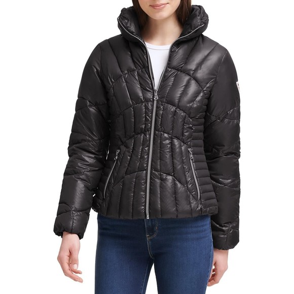 GUESS Shiny Womens Size XL BLACK Quilted Full Zip Pockets Puffer Jacket NEW - Picture 7 of 13